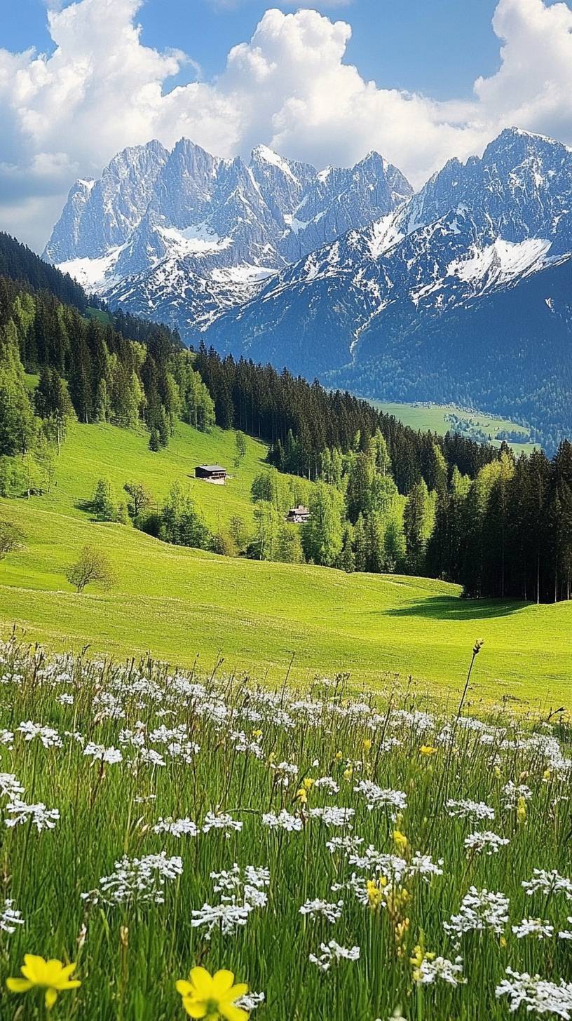 Peaceful alpine meadow surrounded by snow-capped peaks.