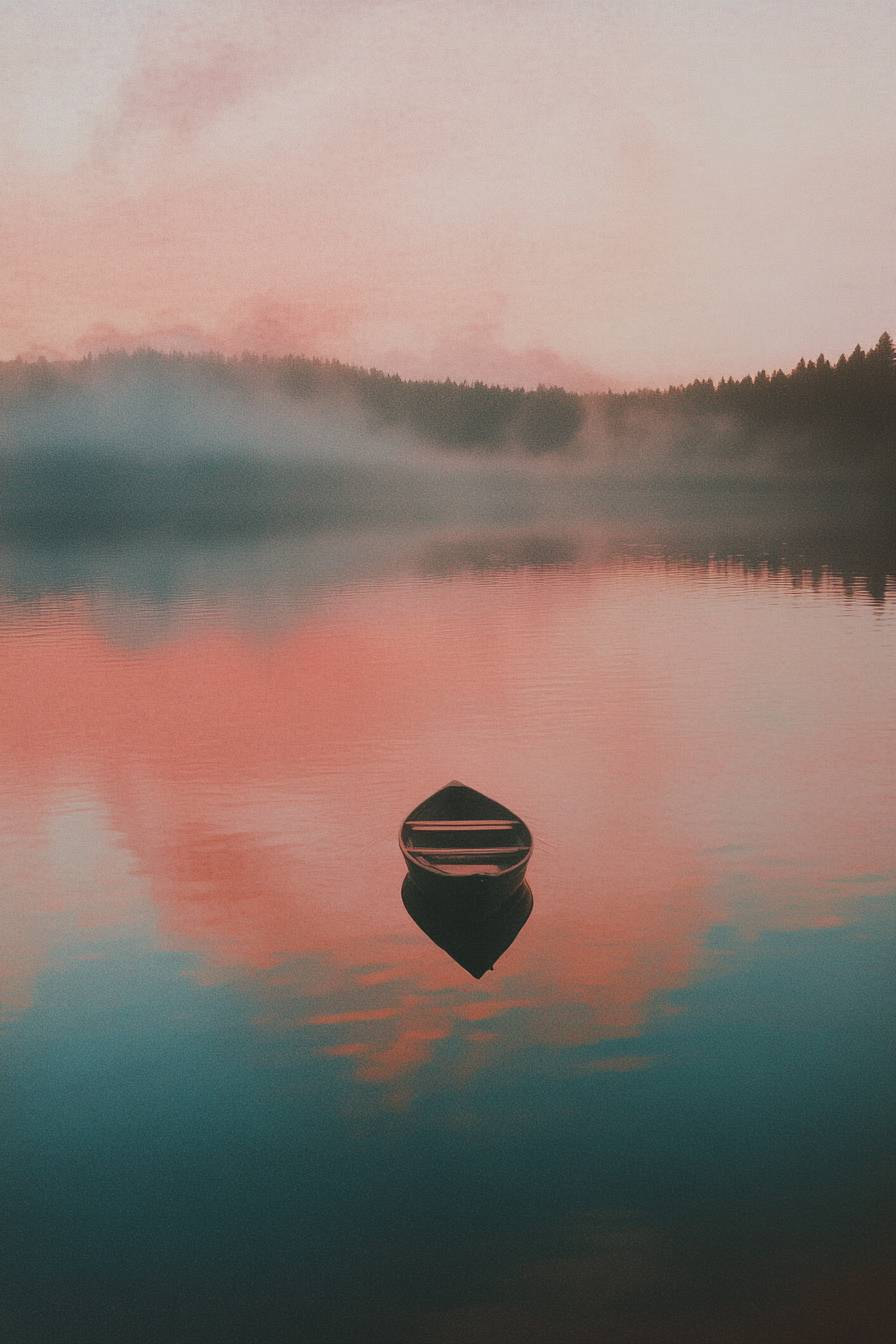 Um lago tranquilo com um único barco e um pôr do sol pastel.