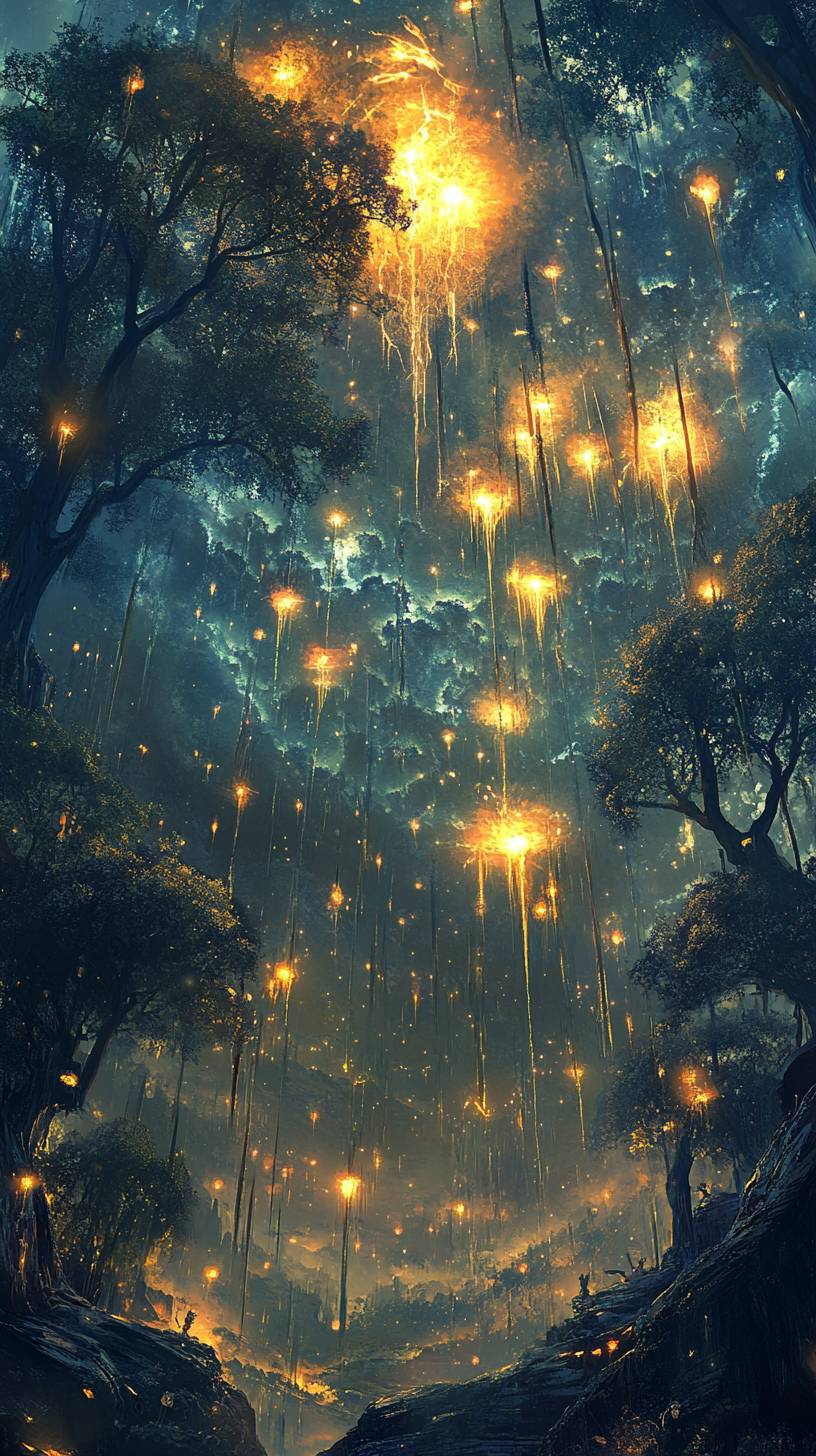 Un bosque de árboles esqueléticos goteando savia brillante bajo un cielo caleidoscópico.