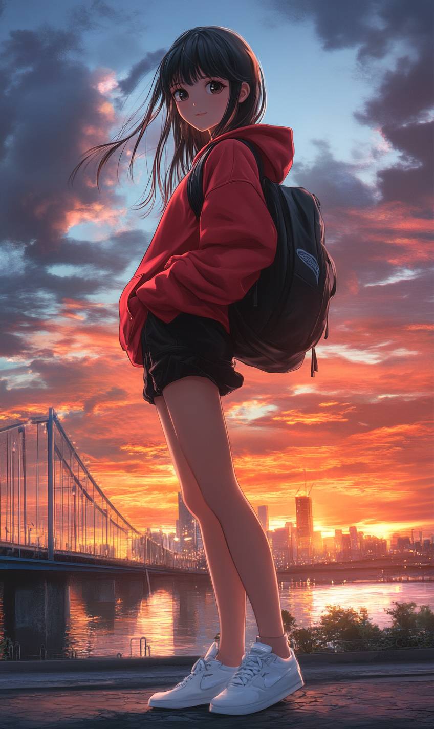 Chica de anime encantadora con sudadera roja y pantalones cortos negros, con un fondo de ciudad al atardecer.