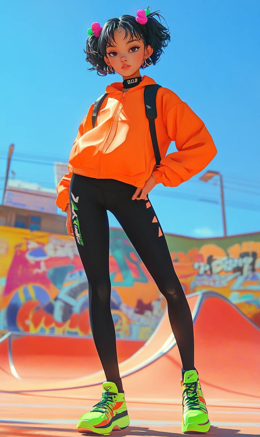 Energiegeladene Anime-Mädchen mit kurzen Haaren, orangefarbene Windjacke und schwarze Leggings, kombiniert mit Neon-Sneakern und einer Bauchtasche.