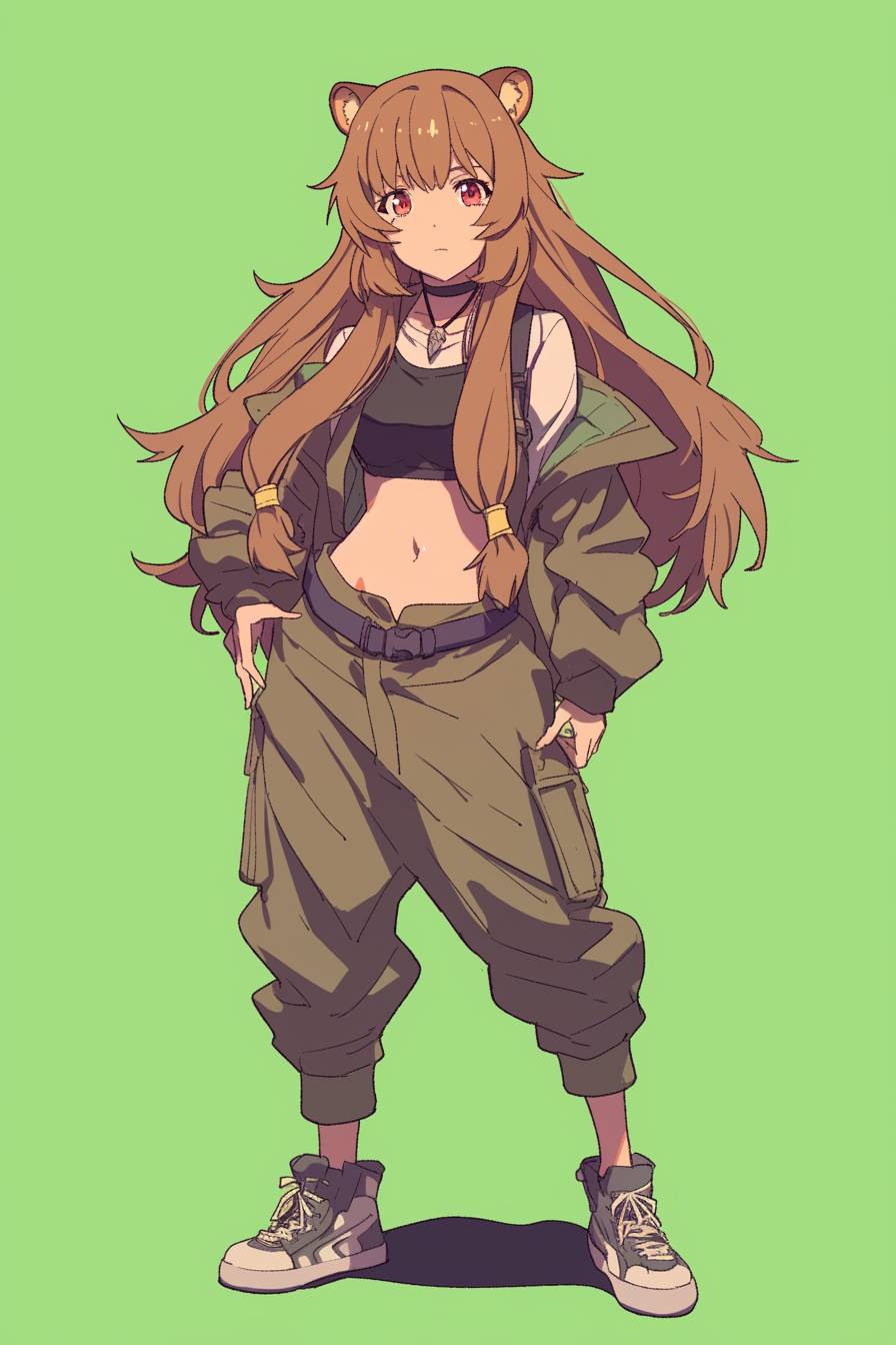 Un personnage féminin anime confiant, vêtue d'un gilet utilitaire, de pantalons courts et de baskets, exprimant un esprit d'aventure.