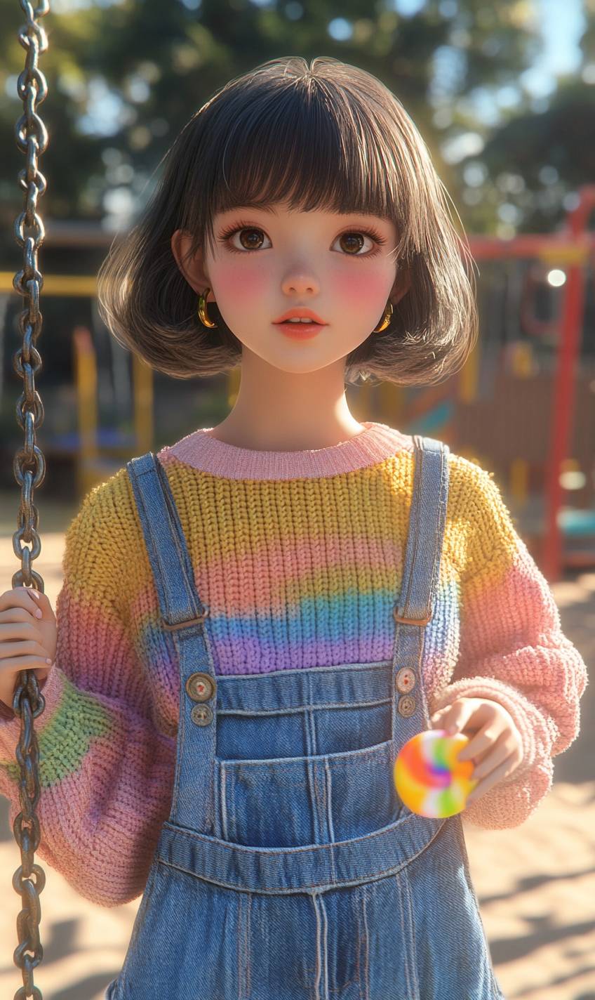 Playful anime girl with bob hair wearing a rainbow sweater and overalls, holding a lollipop, exuding carefree energy.