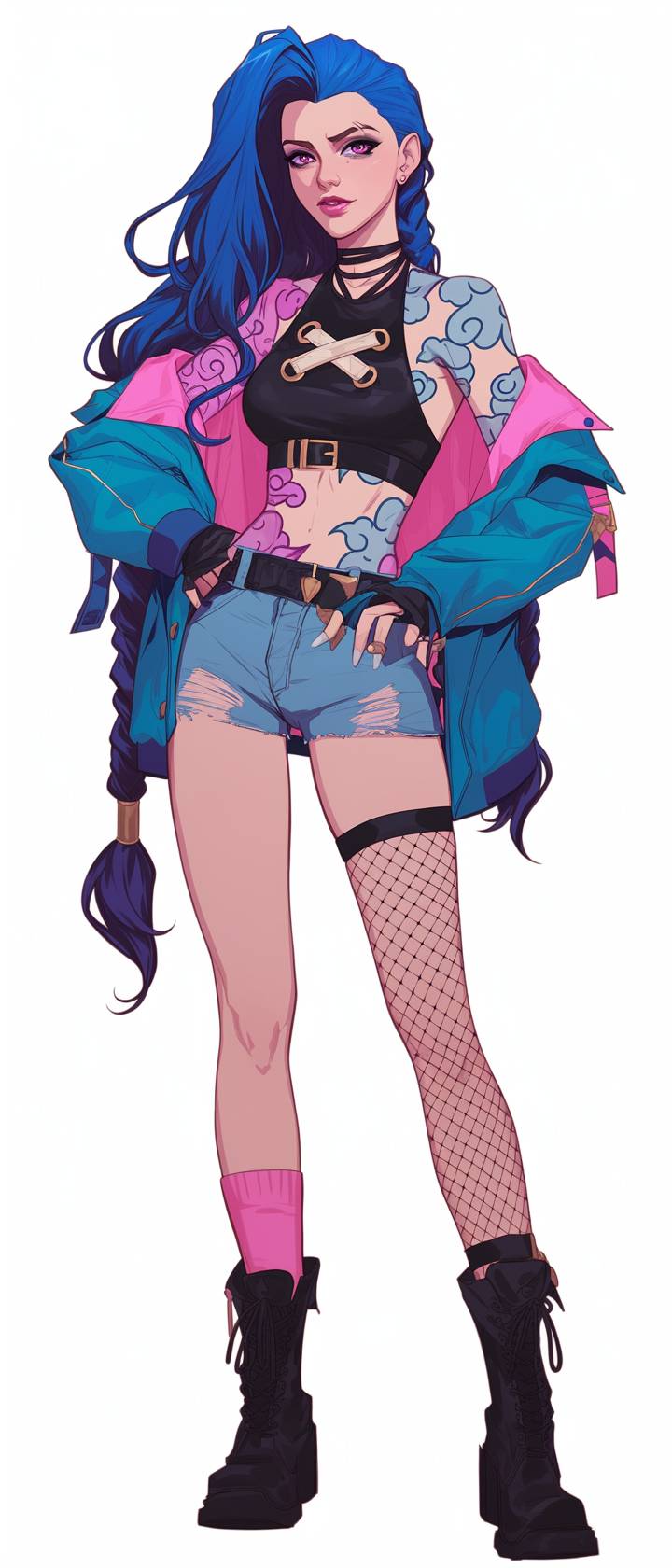 Camila Cabello cosplaying as Jinx from League of Legends, wearing a Chanel blue bomber jacket, pink twin braids, black fishnet top, ripped denim shorts, and combat boots.