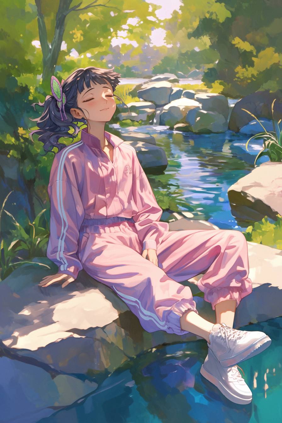 Kanao Tsuyuri from Demon Slayer wearing Gigi Hadid's athleisure look, meditating by a tranquil stream.