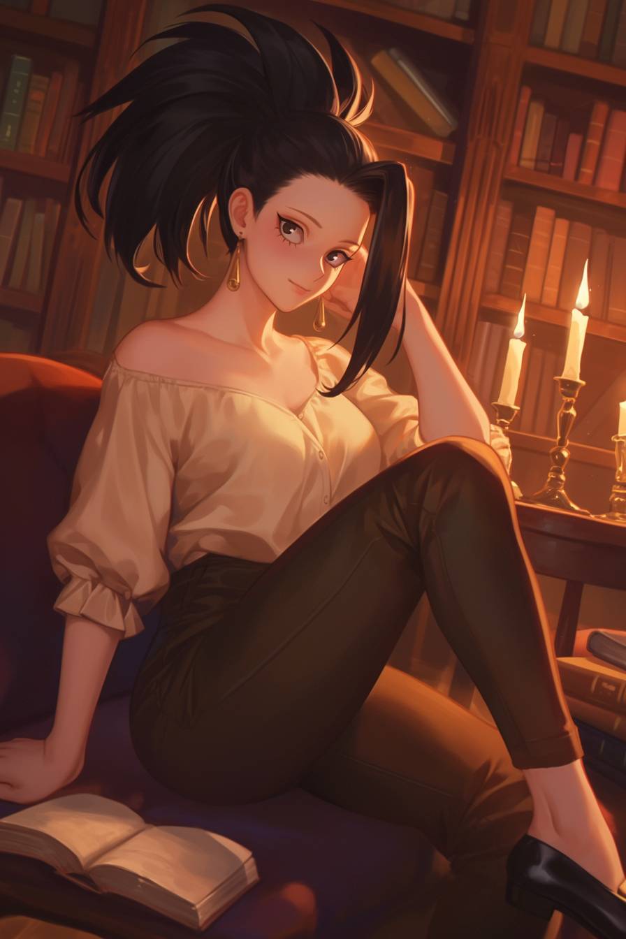 Momo Yaoyorozu from My Hero Academia wears Anya Taylor-Joy's subtle style while studying in a cozy library.