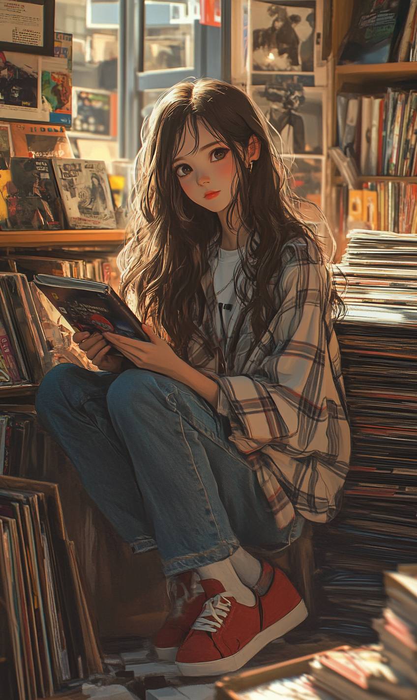 Chica de anime retro con cabello largo y puntas rizadas, vestida con una camisa a cuadros y jeans de tiro alto, sosteniendo un disco de vinilo.