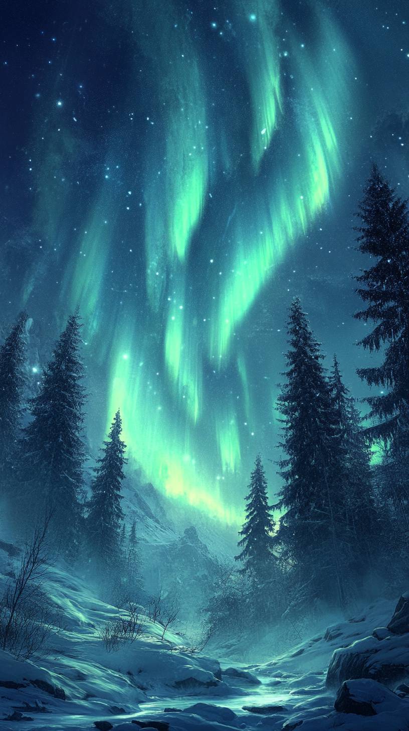 Aurora boreal resplandeciente sobre un bosque nevado