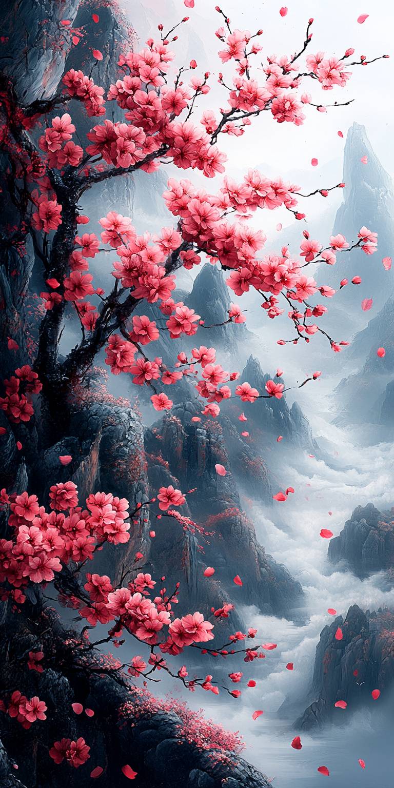 A cherry blossom tree in full bloom with a misty mountain backdrop, serene and detailed.