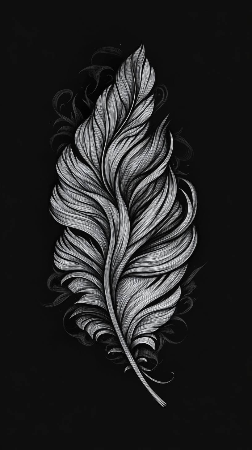 Hand-drawn feather in muted charcoal tones with delicate strokes and clean layout