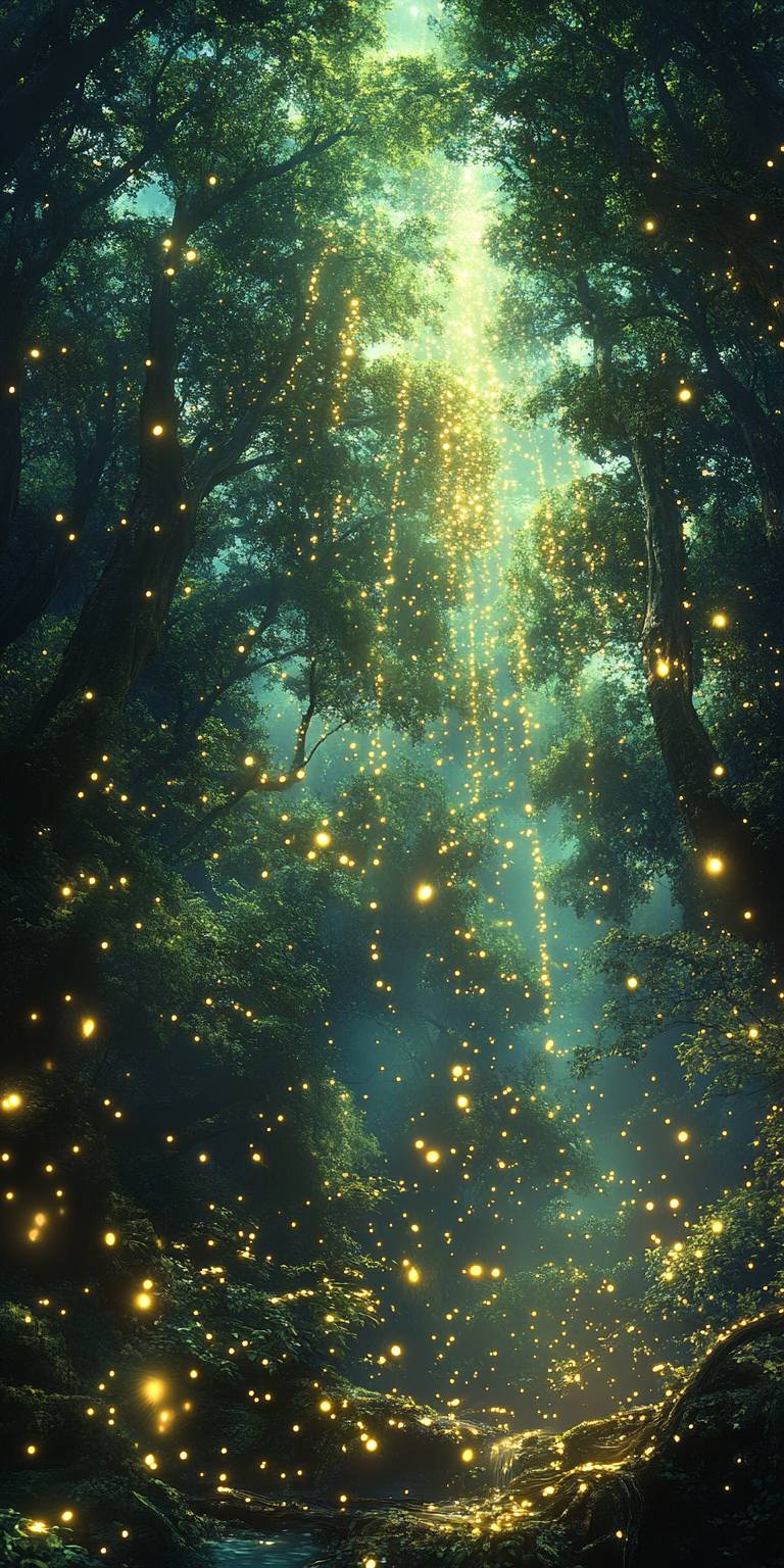 Un enjambre de luciérnagas brillantes emite luz verde en un bosque encantado oscuro.